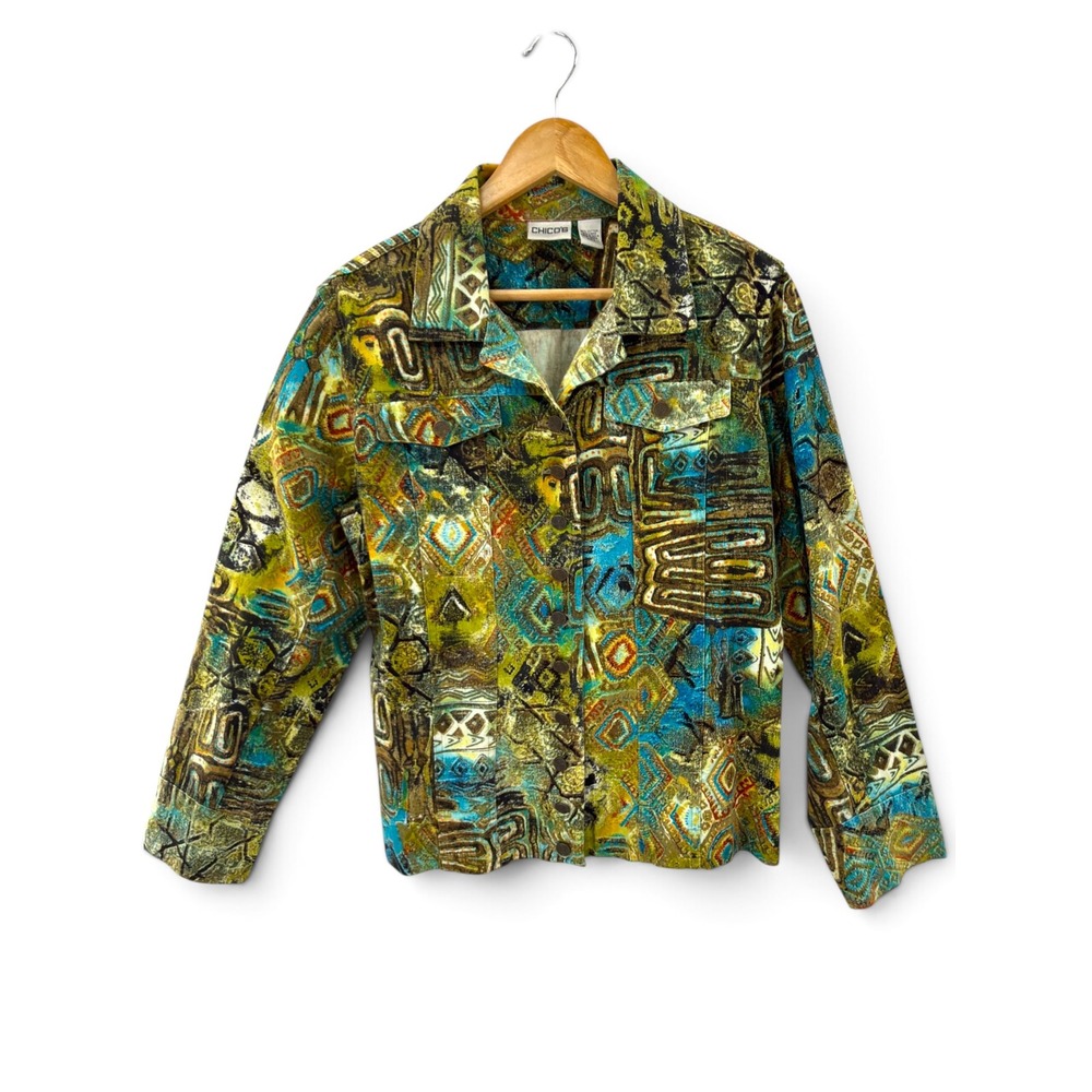 Chico's Abstract Tribal Print Linen Blend Jacket Size 2 Artistic Artsy‎ Eclectic